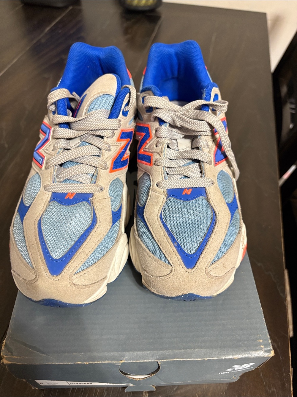 New Balance Kids Blue and Tan Running Sneakers with Orange Accents - Picture 4 of 5
